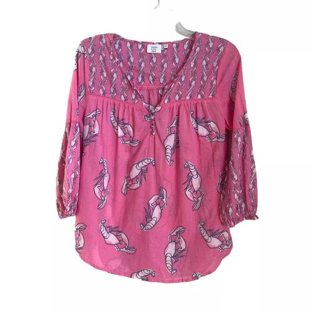Crown & Ivy Beach Pink Lobster Print 3/4 Sleeve Top Blouse